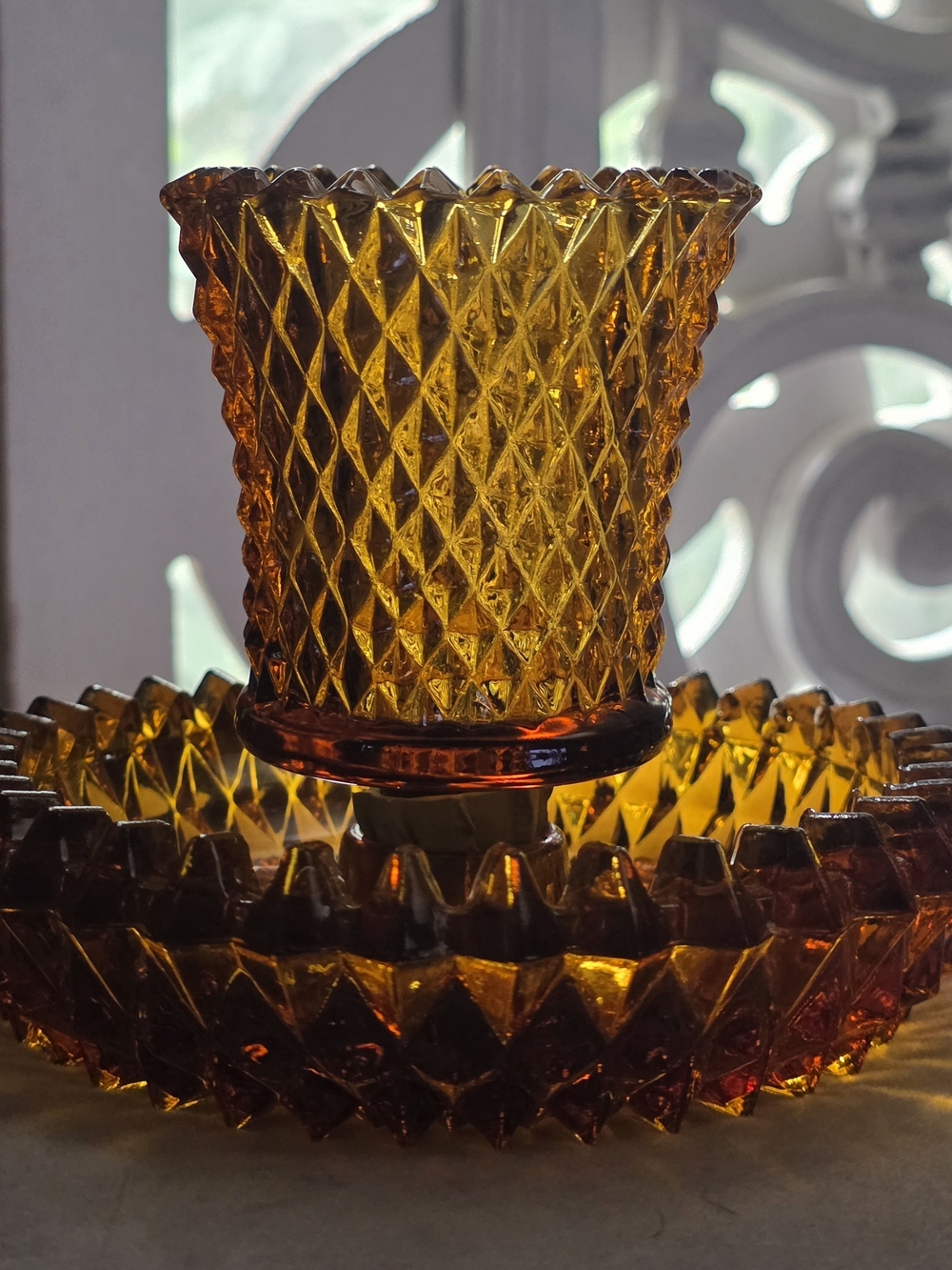 Amber Diamond Point Glass Peg Votive Candle Holder & Base